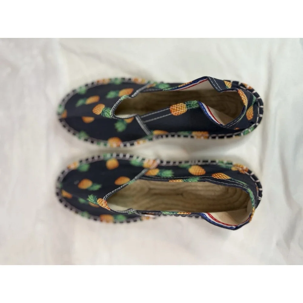 Women's Pineapple Print Espadrille Flats Sz 40 Navy Tropical Summer Beach French